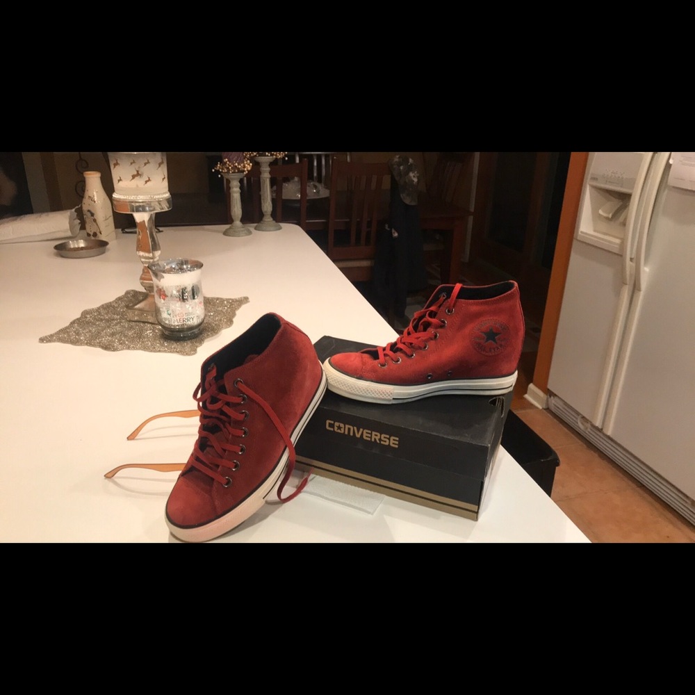 Converse red high top wedge suede sneakers